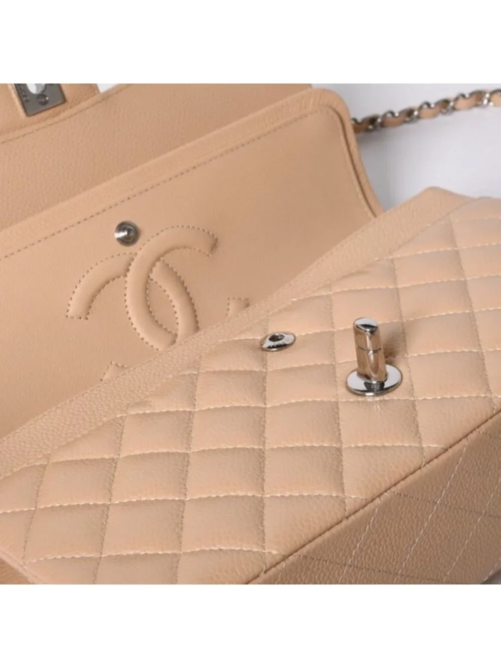 Chanel Quilted 25 Double Flap Chain Shoulder Bag Caviar Leather Beige Gold